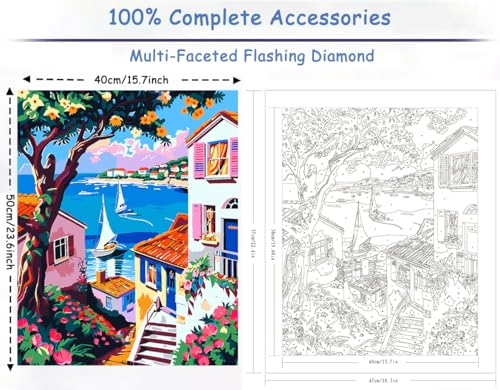 ZTOTZ Paint by Numbers kit for Adults Village, Paint by Number Canvas with Pink Flower, Italy Paint by Color for Adults for Christams Home Decor (16x20inch) - color: B-001-seaside village