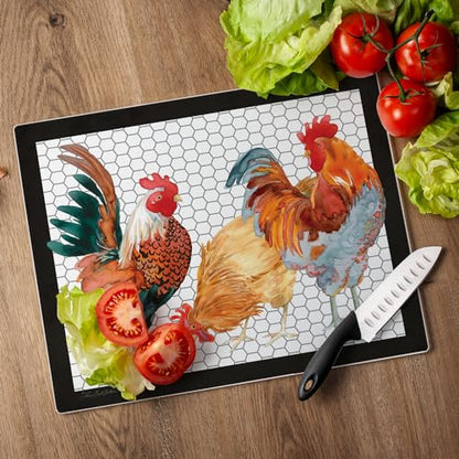 CounterArt Whimsical Roosters 3mm Tempered Glass Cutting Board 12" x 15" | Serving Board, Charcuterie Board - color: Whimsical Roosters