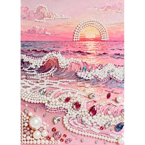 BSNRCH Beach Sunrise Diamond Art Pearl Painting Kit, DIY Pearl Art Painting, Beach Pearl Diamond Painting Kits, Handmade Gem Dot Picture Craft for Home Wall Decor 12x16 inch Wave - color: Beach Sunrise