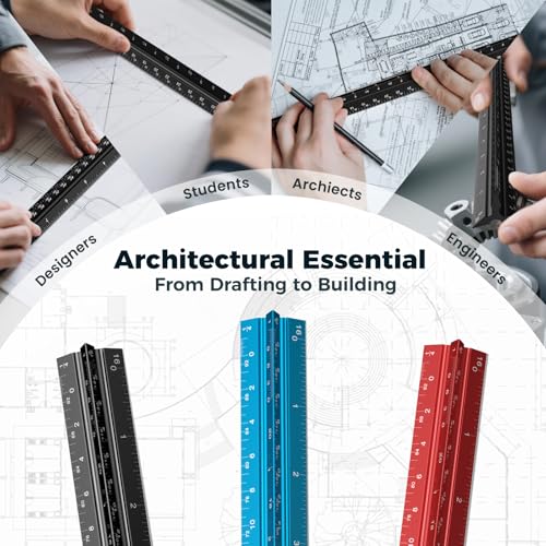Rena Chris Architectural Scale Ruler: 12" Imperial Aluminum Alloy Metal Architecture Measuring Tools, Engineering Drafting Construction Drawing Blueprints Triangular Architect Scaling Rulers 12 Inches - color: Black