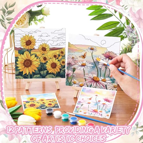 Tenceur 12 Sets Pre Drawn Canvas to Paint Adult Stretched Coloring Painting Canvas Panels with Design Easel and Brushes for Party Supplies Beginner Favor(Flower) - style: Flower