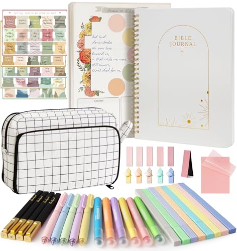 Bible Study Kit - Bible Journaling Supplies Kit for Women - Christian Gifts for Women - Highlighters and Pens with Aesthetic Bibles Journal Notebook - Bibles Accessories Annotation Kits - color: Beige