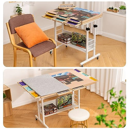 Tektalk 2000 Piece Foldable Puzzle Board with Height Adjustment, Jigsaw Puzzle Table with 2 Felt Cover & 8 Sorting Trays/Drawers, Puzzle Easel with Legs, Enclosed with 4 Roller Wheels (White) - color: White