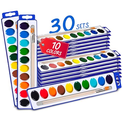 10-Color Water Color Paint Sets for Kids 30 Pack Bulk Watercolor Paint Set Washable Acuarelas Watercolor Palette Mini Paint Sets for Kids Party Favor Classroom Water Paint Kit 2 Wood Brushes Included