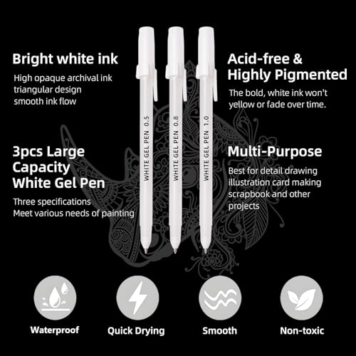 White Gel Pens, 3 Tip Sizes Pack White Ink Pen | Fine 0.5mm/Medium 0.8mm/Bold 1.0mm, For Art, Journaling, Drawing, Black Paper, Holiday Gifts & DIY Projects, DIY