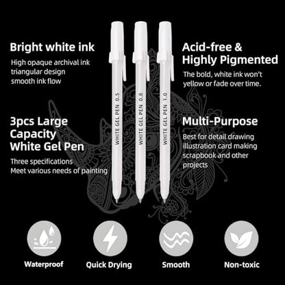 White Gel Pens, 3 Tip Sizes Pack White Ink Pen | Fine 0.5mm/Medium 0.8mm/Bold 1.0mm, For Art, Journaling, Drawing, Black Paper, Holiday Gifts & DIY Projects, DIY