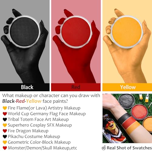 Black Red Yellow Germany Flag Face Body Paint Set, World Cup German Flag Face Painting Kit with Painting Brushes for Halloween, Water Based Face Paints for Fire Demon Avatar Tribe SFX Cosplay Make-Up - color: Black+Red+Yellow+3Pcs Brushes