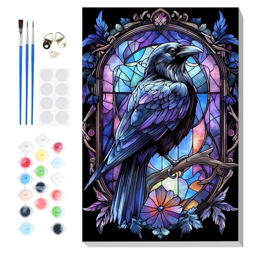 Bowetile Raven Stained Glass Framed Paint by Numbers for Adults, Gothic Crow Adults' Paint-by-Number Kits on Canvas, Acrylic Number Painting Kits Halloween Gifts for Home Decor, 8x12in - color: Bird