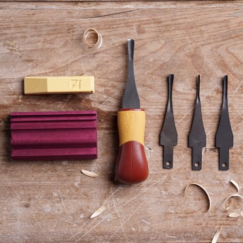 FLEXCUT SK130 5-Piece Lino & Relief Printmaking Set, Carbon Steel Blades (SK306, SK309, SK803, SK307), Quick Connect ABS Handle, Tool Roll, Strop & Honing Compound – 12 oz, Made in USA