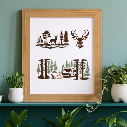 INFUNLY 15Pcs Forest Mountain Painting Stencil for Wall 4.7×11.8" Reusable Deer Wall Stencils Pine Tree Painting Template Small Walls Stencil Templates for Crafts Cement Wood Furniture Nursery Bedroom - style: 15PCS Forest Mountain