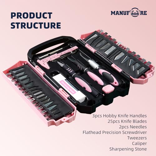 MANUFORE 34pcs Large Exacto Knife Set Craft Precision Knife Set Pink - color: Pink