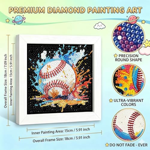 YarnWhimsy Baseball Diamond Art Kits for Kids with Frame 7x7 inch | 5D Creative Small Diamond Painting Kit for Kids Baseball, Pretty Easy Gem Arts for Children for Home Wall Decor - color: CC1130-US
