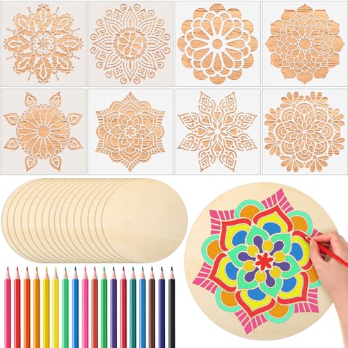 Watersay 42 Pack 6 Inch Mandala Painting Kit, 8 Stencils 18 Wood 18 Pencil | Unfinished Wood Circles to Paint, Reusable Stencil Designs, Ideal for Diwali Crafts and Adult DIY Decor