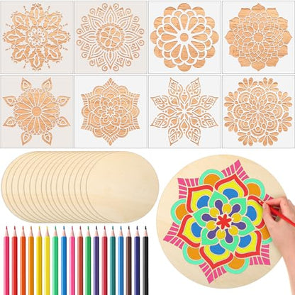 Watersay 42 Pack 6 Inch Mandala Painting Kit, 8 Stencils 18 Wood 18 Pencil | Unfinished Wood Circles to Paint, Reusable Stencil Designs, Ideal for Diwali Crafts and Adult DIY Decor