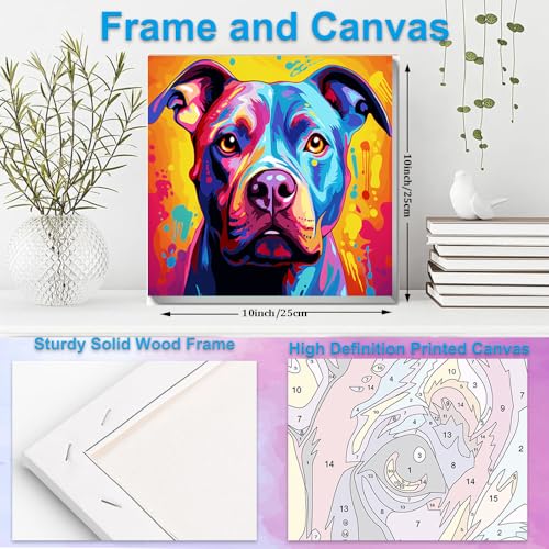 Artunion Framed Paint by Numbers Kit for Adults Beginners & Kids Ages 8-12,Colorful Pitbull Dog Paint by Number with Frame,Dog Animal Paint by Numbers Kit on Canvas 10 * 10 Inch Without Easel - color: ZXT-236-F