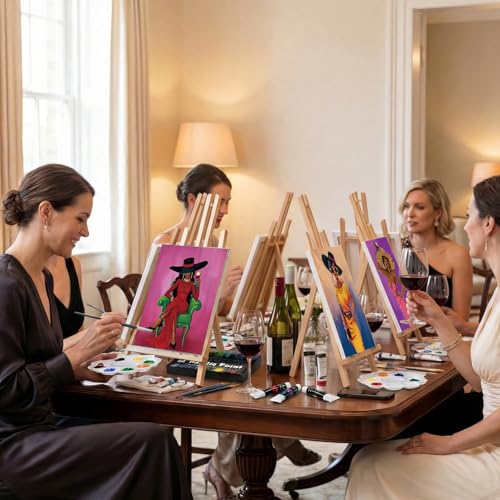 Cholemy 36 Pcs Paint and Sip Kit Gift for Adults 8''x10'',Wine Lady | Pre Drawn Canvas, Painting DIY Afro Acrylic Painting Kit, Wood Easel Brushes, Date Night Bulk, Summer Halloween Party - style: Wine Lady