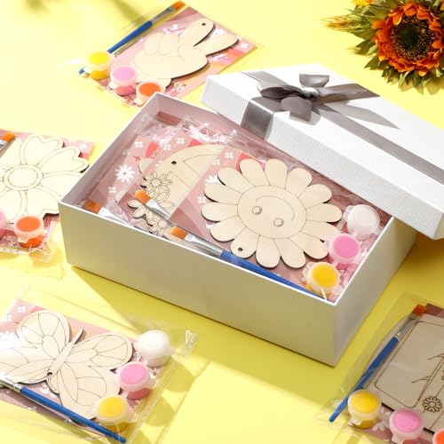 Saypacck 24 Pcs Groovy Boho Hippie Party Favors Wooden Paint Craft Kits | Retro Daisy Rainbow Decorations for Goodie Bags, Bulk Thank You Gifts with Organza Pouch, Boho Hippie Activities for Kids - style: Modern