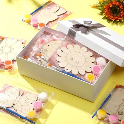 Saypacck 24 Pcs Groovy Boho Hippie Party Favors Wooden Paint Craft Kits | Retro Daisy Rainbow Decorations for Goodie Bags, Bulk Thank You Gifts with Organza Pouch, Boho Hippie Activities for Kids - style: Modern