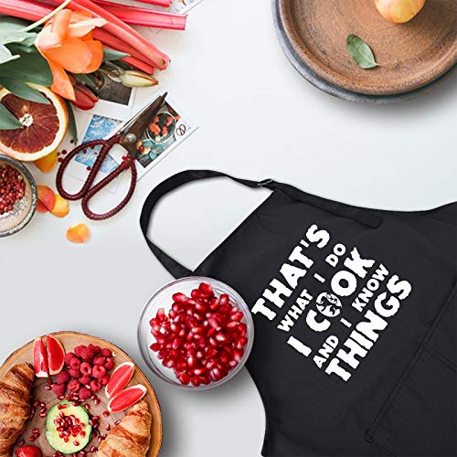 Rosoz Funny BBQ Black Chef Aprons for Men, Adjustable Kitchen Cooking Apron | I Cook and I Know Things, Adjustable, 2 Pockets, Long Ties, Waterproof Oil Proof , Husband Dad Papa Grilling Gifts