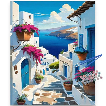 JUJUHOOD Sunset Santorini Paint by Numbers Kit for Adults,Watercolor Paintings Paint by Number Kits,Adult Paint by Number Canvas with Paintbrushes and Acrylic Pigment 16x20 inch - color: PNZXT-122