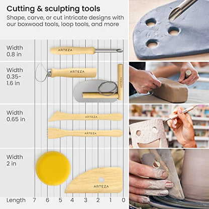 ARTEZA Pottery & Sculpting Tools, 42-Piece Clay Tools Set with Wooden Handles & Steel Tips for Polymer Clay, Ceramics, Carving, Modeling, Shaping & Smoothing - size: Set of 42