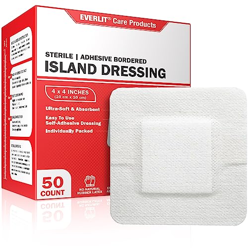 EVERLIT Island Dressing Bordered Gauze | Large Wound Care Bandage with Adhesive Border| Sterile, Soft & Highly Absorbent Medical Grade Dressing Pad (4x4 Inch (Pack of 50)) - size: 4x4 Inch (Pack of 50)