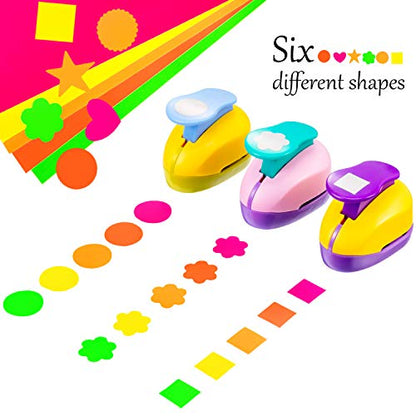 CHENGU Hole Punches 6 Shapes with Cardstock for Kids,Multiple Styles,1 Inch | Paper Punchers Ideal for Scrapbooking Card Making, Star Heart Circle Flower Shapes, Safe Design, Classroom Craft Supplies - size: 1 Inch, style: Multiple styles