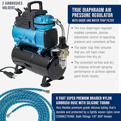 Master Airbrush 1/5 HP Cool-Runner Dual Fan Tank Air Compressor Kit Model TC-426 - Professional Single-Piston with 2 Cooling Fans, Runs Longer without Overheating - Regulator Water Trap, Holder - style: Super Cool Runner Tank
