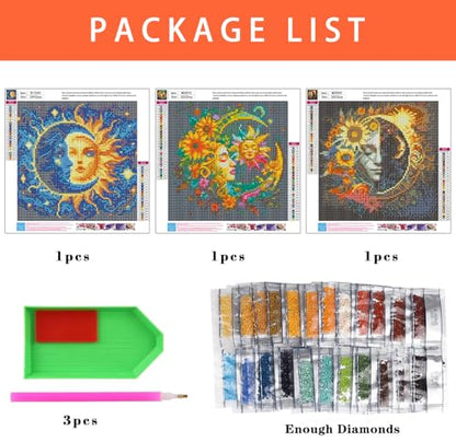 Axquilon 3 Pack Sun and Moon Diamond Art Kits for Adults 12x12inch | Diamond Painting Kits for Adults, 5D Round Full Drill Gem Art Paint by Diamonds Pictures DIY Crafts Kits - color: 3 Pack Sun Moon