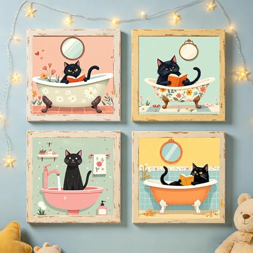 Canrichshop 4P Bathing Cat Paint by Numbers for Beginner with Frame,Black Cat Adult Painting by Numbers Kits on Canvas, DIY Oil Painting for Decor 8X 8 inch - color: BKH2325+BKH2326+BKH2327+BKH2328