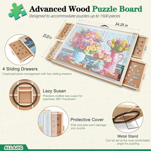 ALL4JIG 1500 Pieces 2-in-1 Tilting & Rotating Puzzle Board, 34.25" x 25.20" Adjustable Angle Puzzle Table with 4 Drawers & Clear Protective Cover, Birthday Gift for mom - size: Medium-1500pcs