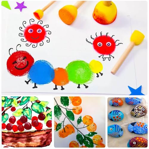 100 Pcs Round Paint Sponges Set, 5 Sizes Sponge Brushes for Painting, Sponge Paint Brushes for Acrylic Painting, Wooden Handle Craft Sponges for DIY, Crafts and Kids Arts - style: 100 Pcs Yellow