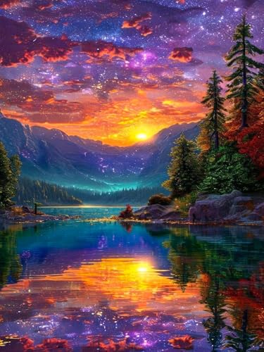 Diamond Art Kits for Adults & Beginners, Sunset Diamond Painting Kit | 5D Full Drill Gem Art with Starry Sky Landscape, Round Diamond Dots, Home Wall Decor & Gift, 12 x 16 Inch - color: HMDPUS-25901