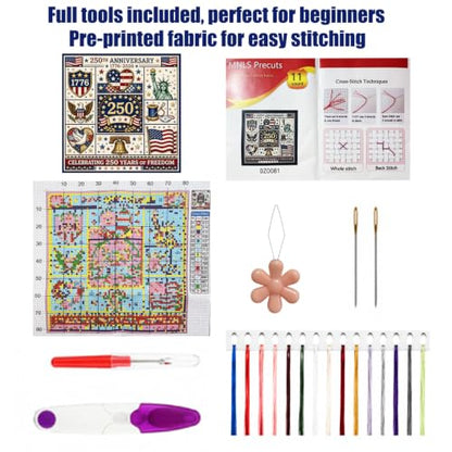 Vintage US Flag Cross Stitch Kit Beginners Embroidery 1776-2026 | USA Patriotic embroidery Kit,7.5×7.5" DIY Cross Stitch Kit, Pre-Printed Fabric, Threads, Needles, Easy for Beginners