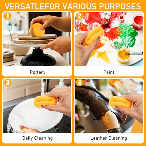 Qianyu 12 PCS Pottery Sponges Elasticity Clay Sponges Round Cleaning Sponge Water Absorption Soap Sponges Soft Yellow Artists Sponge for Kitchen Shoes Leather Care Painting