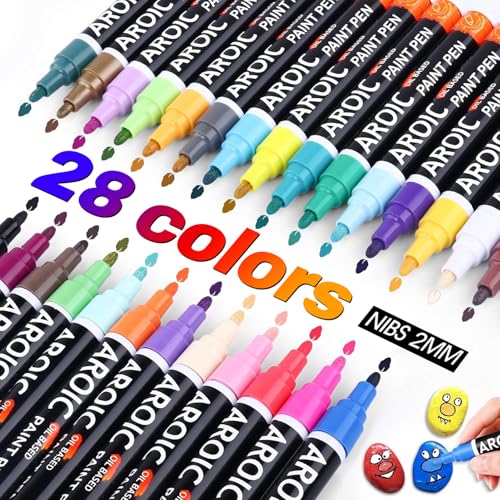 AROIC 28 Colors Acrylic Paint Markers, 2mm Fine Tip Permanent Paint Pens | Quick Dry, Waterproof, Non-Toxic for Glass, Ceramic, Metal, Plastic - Ideal for Artists, DIY Crafts & Rock Painting - color: 28pcs