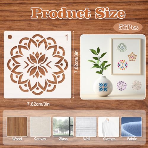 MWOOT 56 Pcs Mandala Stencils, Floral Templates for Painting on Wood, Tile, Stone, Canvas, Floral Stencils for Crafts Reusable, DIY Crafts Scrapbook Decor, 7.62x7.62 CM
