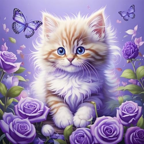 WSLWXSHM Diamond Painting Kits for Adults Cat, Animal Round Full Drill Diamond Art Kits, 5D DIY Paint with Diamonds Crafts for Home Wall Decoration Gifts 12×12Inch - color: Cat Rose