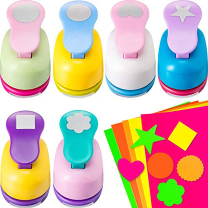 CHENGU Hole Punches 6 Shapes with Cardstock for Kids,Multiple Styles,1 Inch | Paper Punchers Ideal for Scrapbooking Card Making, Star Heart Circle Flower Shapes, Safe Design, Classroom Craft Supplies - size: 1 Inch, style: Multiple styles