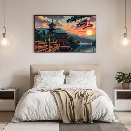 DDGEMART 5D Diamond Painting Kit for Adults, Full Drill Japanese Pagoda Sunset Mount Fuji Landscape Art for Beginners, Large Horizontal 28x16 inch - color: Japanese landscape