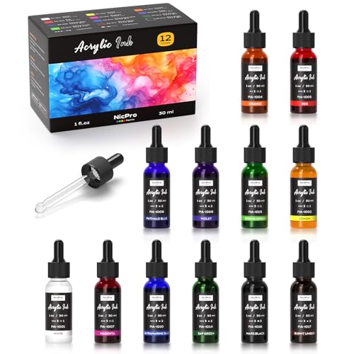 Nicpro 12 Colors Acrylic Ink for Artists, 1-oz(30ml) Bottle with Dropper | Quick Dry Permanent Acrylic Drawing Inks, Essential Color Set For Ink Drawing, Pouring Art, Airbrush, Resin, Mixed Media - color: 12 Colors