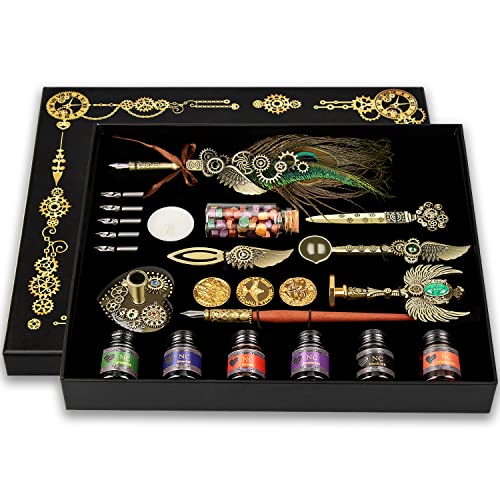 NC Quill Pen Ink Set, Feather Calligraphy Pen Set, Wax Seal Stamp Set, Valentine's Day Gift for Writing Lovers, Various Holiday Ideal Gift (Peacock Feather) - color: Peacock Feather