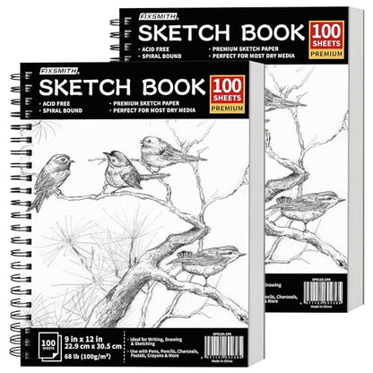 FIXSMITH 9"X12" Sketch Book | 200 Sheets (68 lb/100gsm) Sketchbook| 2 Pack (100 Sheets Each) |Acid Free Drawing Paper | Spiral Bound Sketchpad for Beginners,Artists & Professionals | Bright White - color: Black, size: 9"x12"-2 Pack