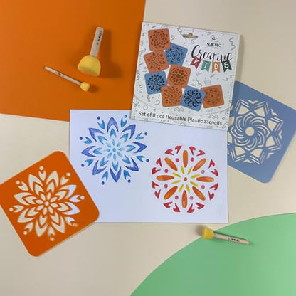 NAKLEO Painting Stencils for Kids, 8 Pcs Set 6x6” Mandals Rangoli, Children Creative Drawing Templates Plastic and Reusable, DIY Decoration Arts and Crafts, Paper Wall Wood Fabric | Creative Drawing Stencils, Plastic Reusable Painting Stencil DIY Crafts,