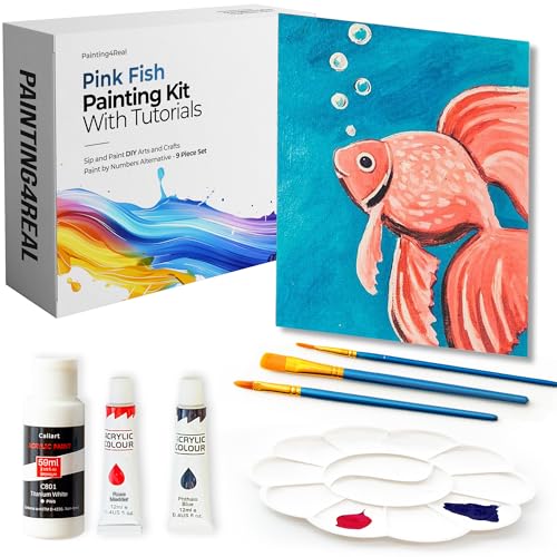 Painting4Real DIY Painting Class Kits for Adults with Video Tutorials, Learn to Paint Pink Fish, How to Paint with Acrylic Paint Sets for Adult, 9 Peices Art Set & Painting Supplies Gifts for Mom - color: Pink Fish