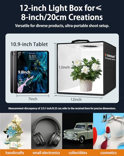 Light Box Photography, 12"x12" Photo Booth Box with 120 LED Lights Dimmable & CRI＞95, Portable Lightbox with 8 Backdrops for Mini Product Photography: Jewelry, Cards, Watches - size: 12*12 inch
