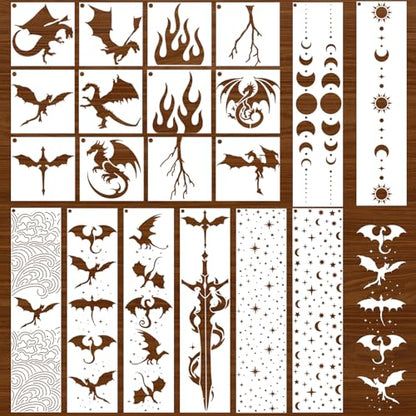 AFRITEE Dragon Stencils for Painting on Wood, 20 Pcs Dragon Book Edge Stencils for Crafts Reusable Kit, Animal Fantasy Book Edge Stenciling Kit on Canvas Wall Home Floor Furniture Spray Painting - style: Dragon