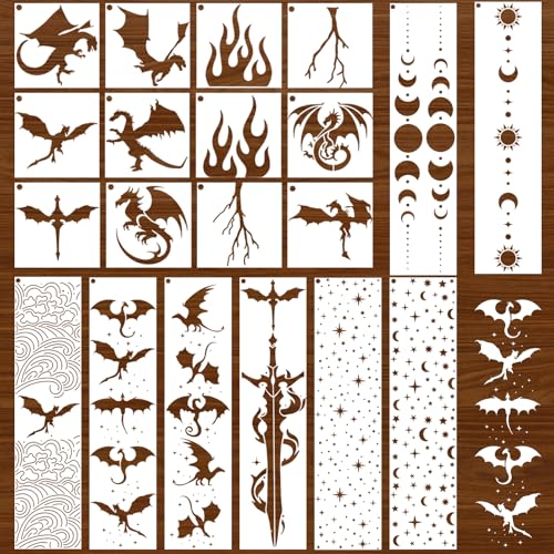 AFRITEE Dragon Stencils for Painting on Wood, 20 Pcs Dragon Book Edge Stencils for Crafts Reusable Kit, Animal Fantasy Book Edge Stenciling Kit on Canvas Wall Home Floor Furniture Spray Painting - style: Dragon