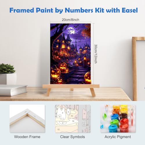 MOGTAA Halloween Paint by Numbers Kit for Adults Beginners with Frame, Pumpkin Castle Adult Paint by Number Kits on Canvas with Easel, Easy DIY Oil Painting Kits for Home Decor, 8x12in - color: Pumpkin Castle-01