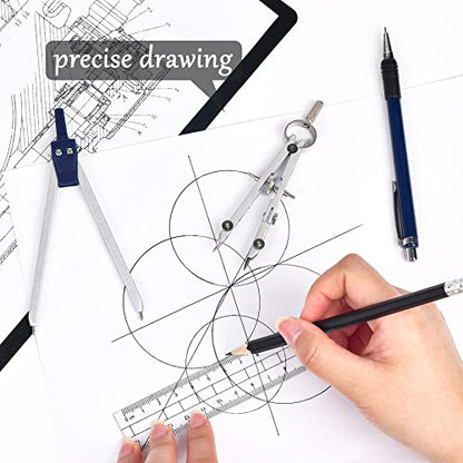 Unjoo 9Pcs Precision Geometry Set Metal Compass,Geometry Tool Set (Blue) | Shatterproof Storage Box, Circle Drafting Tool and Architecture, Drafting Kits for Engineers Students - color: Blue